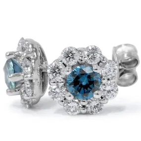 1 1/2ct Halo Fire Blue & White Diamond Studs 14K White Gold