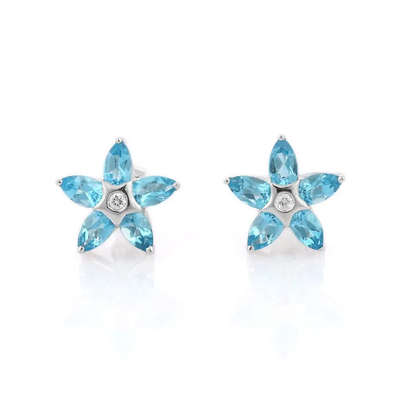 18K Gold Blue Topaz Flower Studs