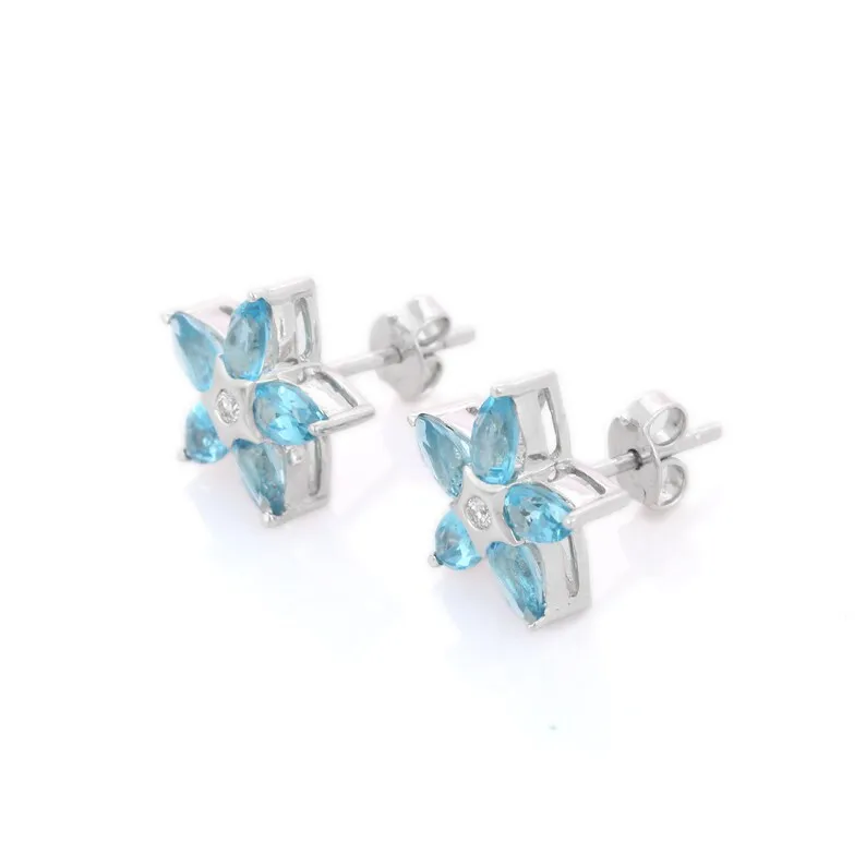 18K Gold Blue Topaz Flower Studs