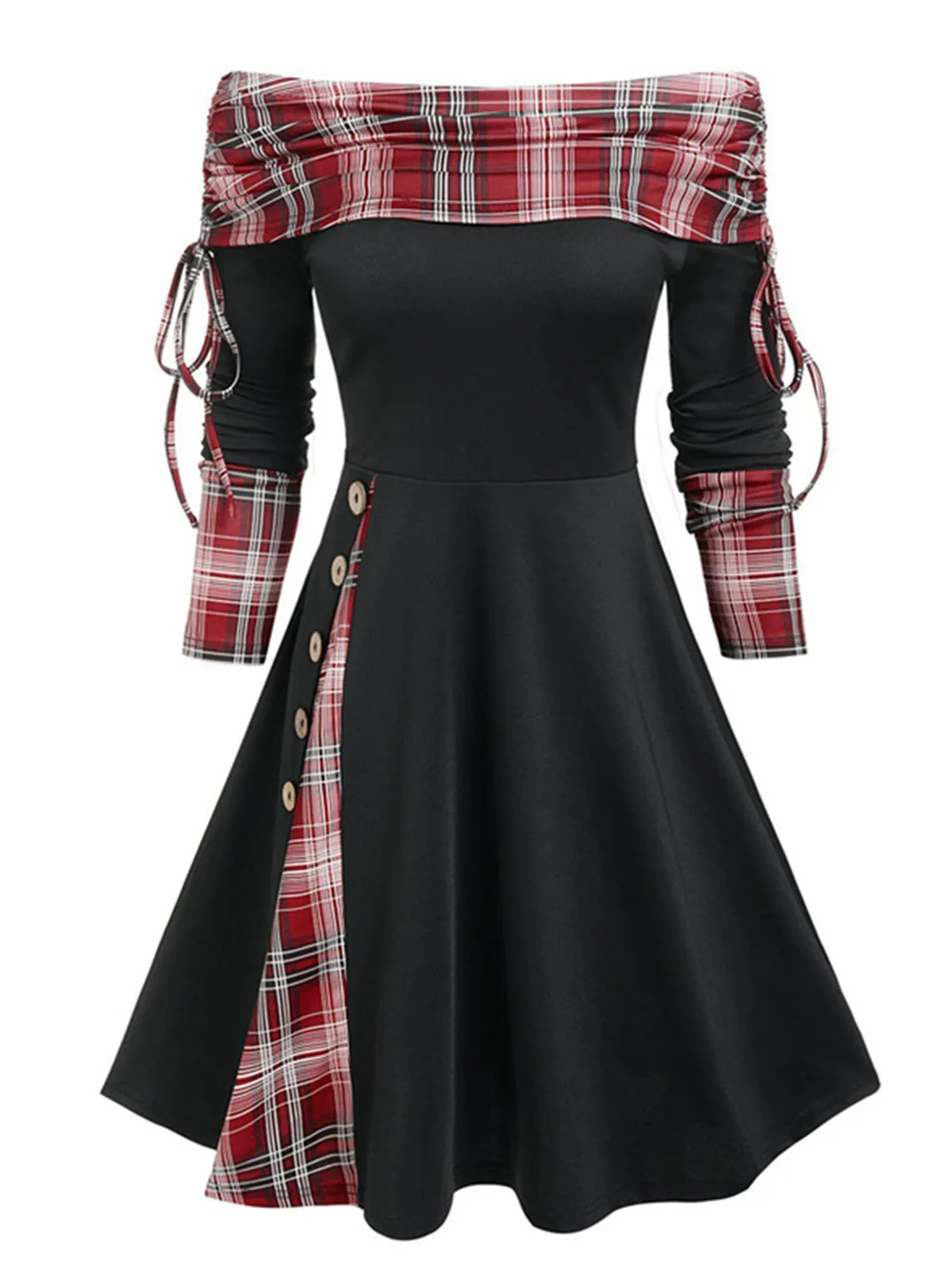 1950s Plaid Patchwork Lace-Up Off-Shoulder Dress