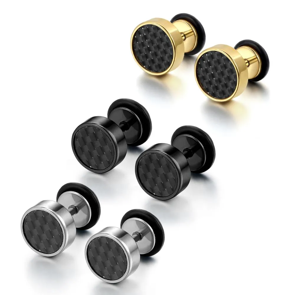 3 Pairs 8mm Tunnel Plug with Carbon Fiber Stainless Steel Stud Earrings