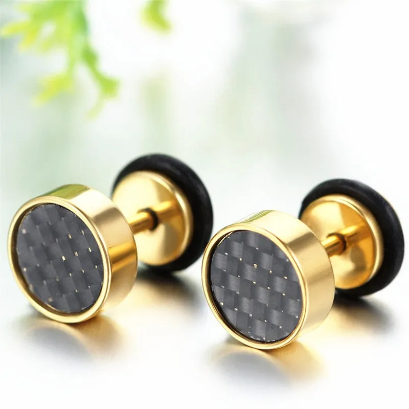 3 Pairs 8mm Tunnel Plug with Carbon Fiber Stainless Steel Stud Earrings