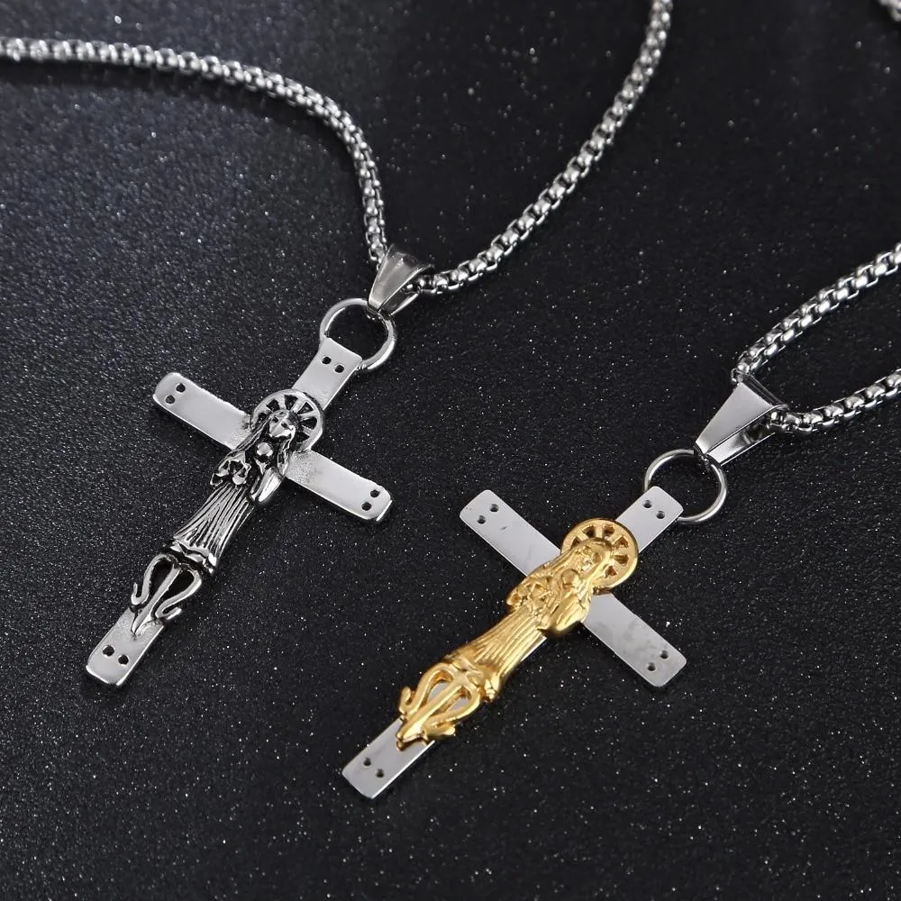 316L Steel Steel Two-Tone Santa Muerte Cross Pendant Necklace