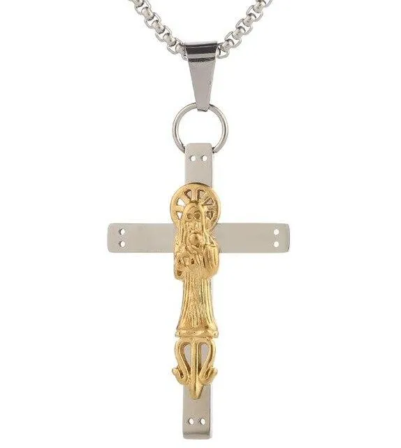 316L Steel Steel Two-Tone Santa Muerte Cross Pendant Necklace