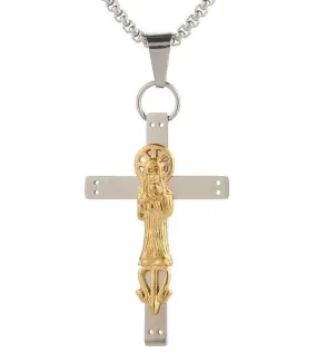 316L Steel Steel Two-Tone Santa Muerte Cross Pendant Necklace