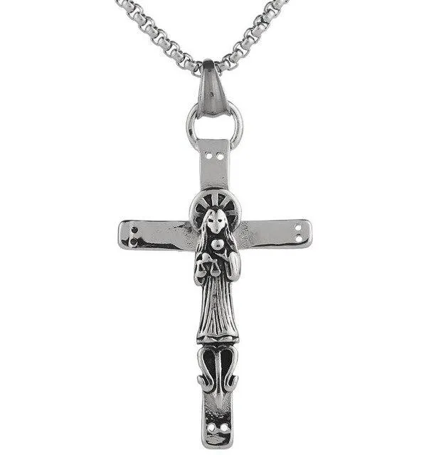 316L Steel Steel Two-Tone Santa Muerte Cross Pendant Necklace