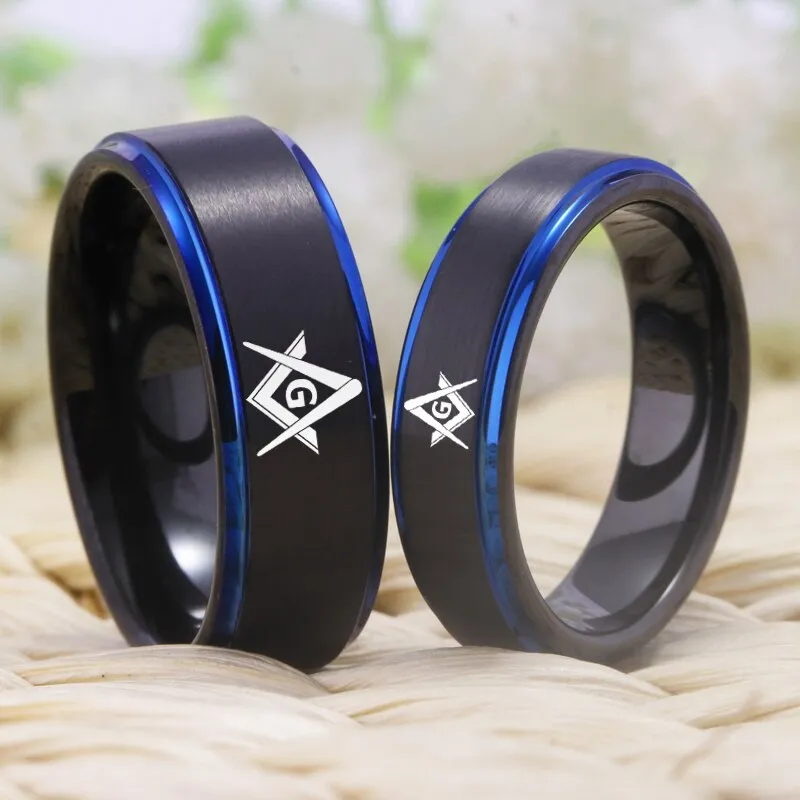 6 & 8mm Masonic Design Blue and Black-Plated Tungsten Couple Wedding Ring