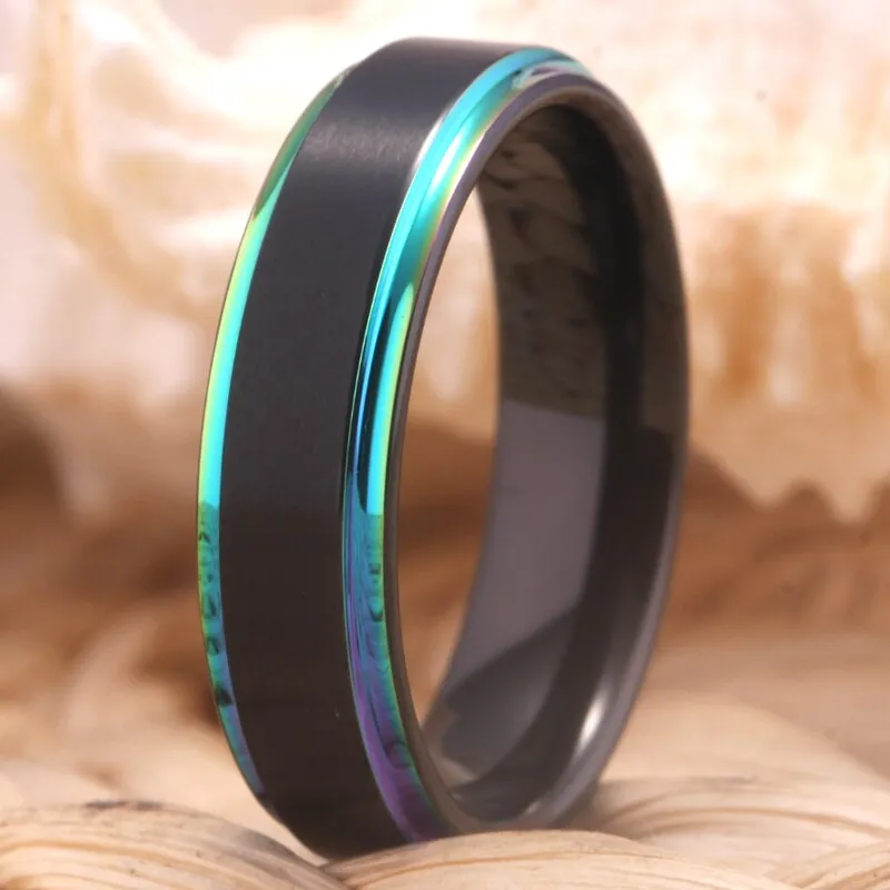 6mm Matte Black with Rainbow Step Tungsten Wedding Band