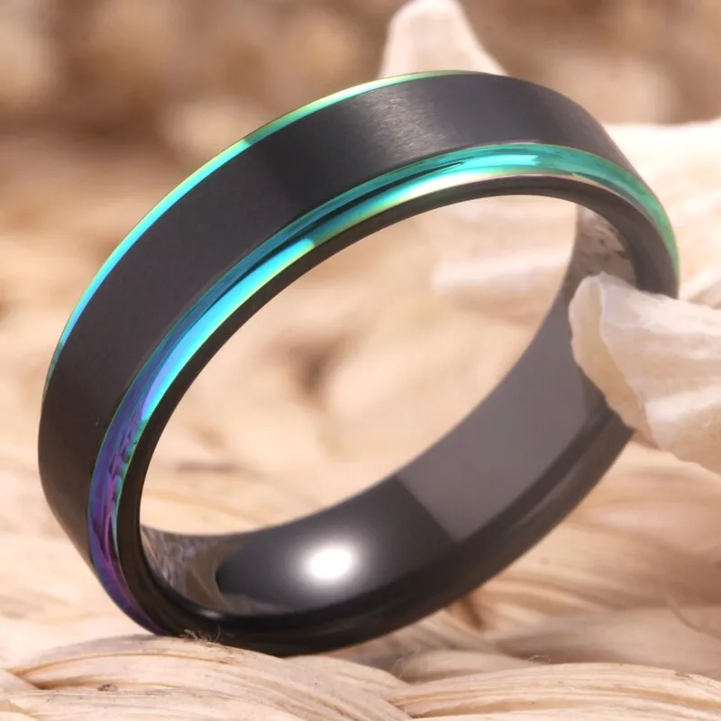 6mm Matte Black with Rainbow Step Tungsten Wedding Band