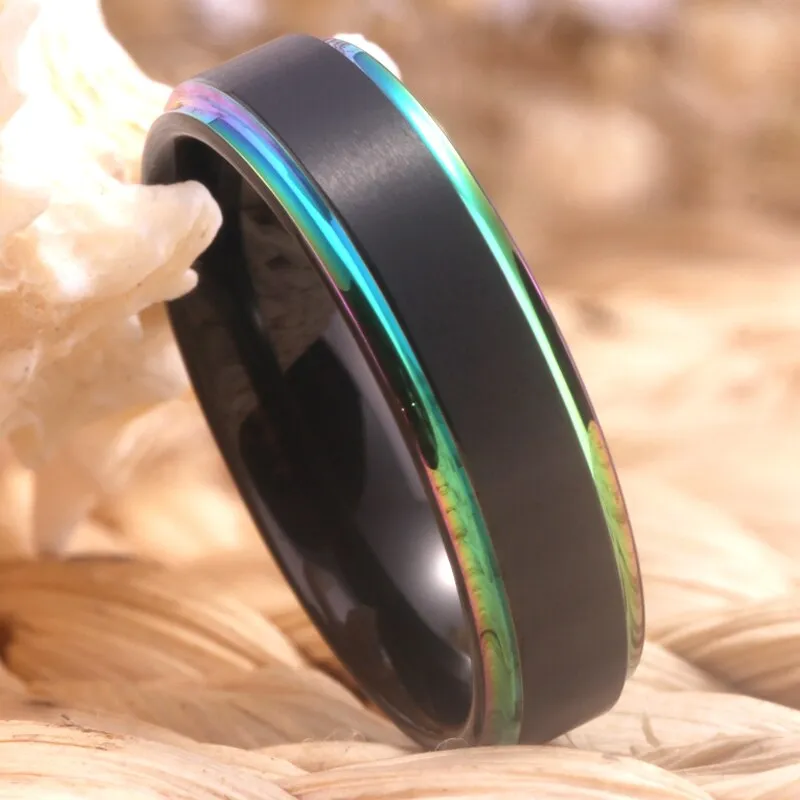 6mm Matte Black with Rainbow Step Tungsten Wedding Band