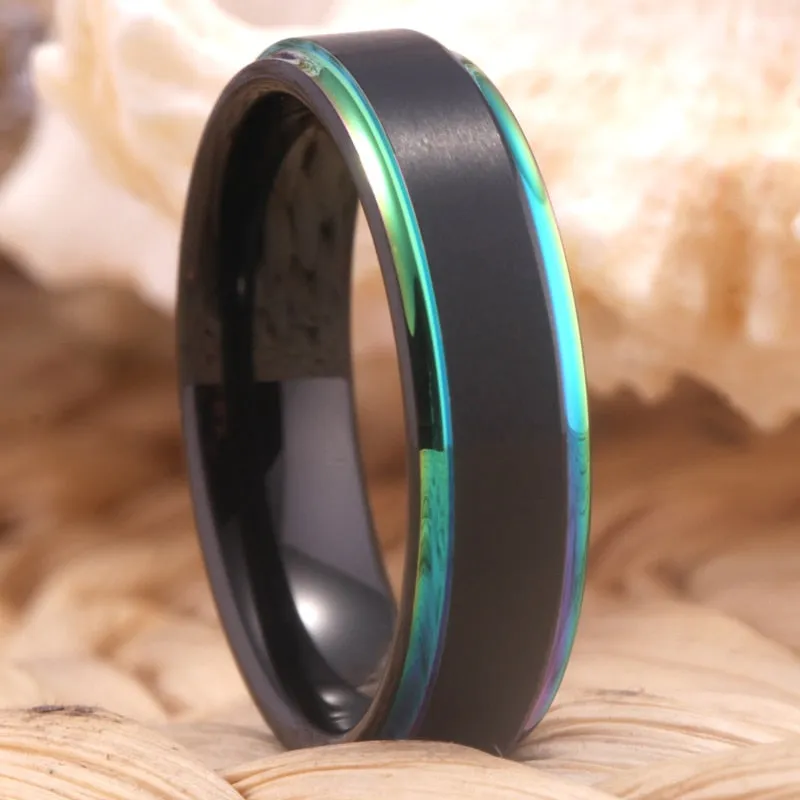 6mm Matte Black with Rainbow Step Tungsten Wedding Band