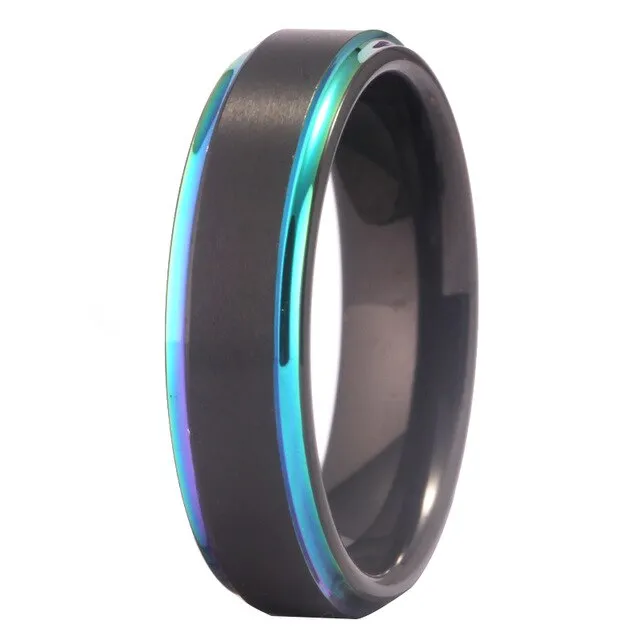 6mm Matte Black with Rainbow Step Tungsten Wedding Band