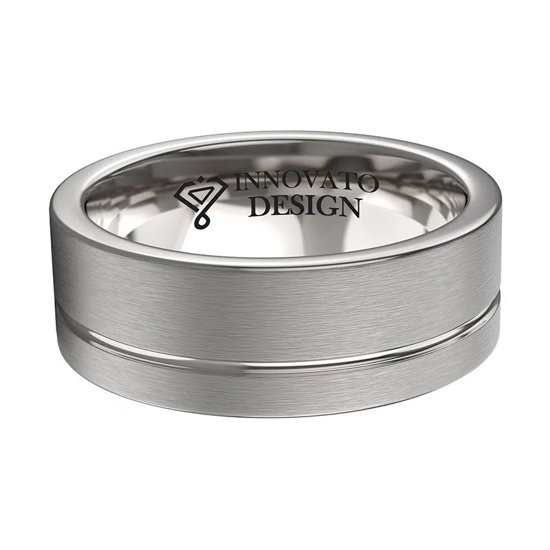 8mm Asymmetrical Groove Brushed Matte Silver Wedding Ring