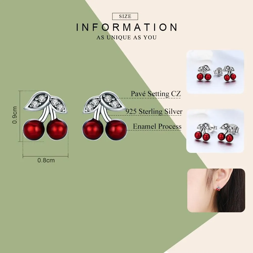 925 Sterling Silver Red Cherry Stud Earrings with Zirconia Crystal