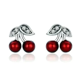 925 Sterling Silver Red Cherry Stud Earrings with Zirconia Crystal