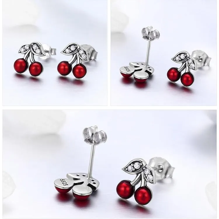 925 Sterling Silver Red Cherry Stud Earrings with Zirconia Crystal