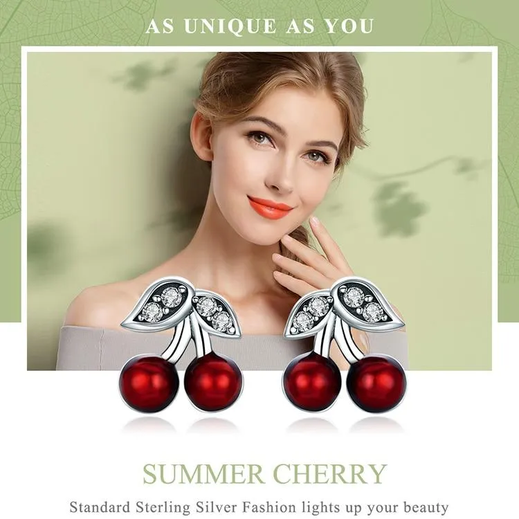 925 Sterling Silver Red Cherry Stud Earrings with Zirconia Crystal