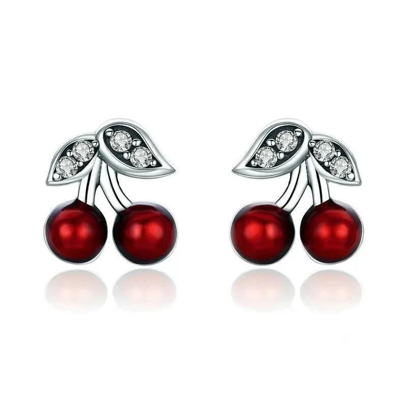 925 Sterling Silver Red Cherry Stud Earrings with Zirconia Crystal