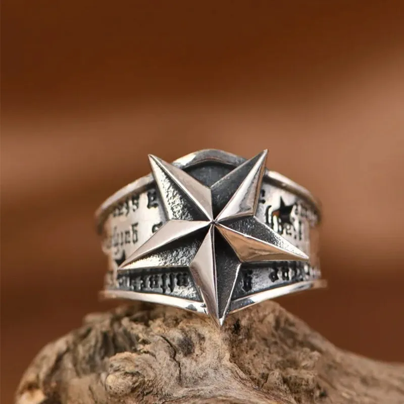 925 Sterling Silver Star Pentagram Vintage Punk Rock Ring