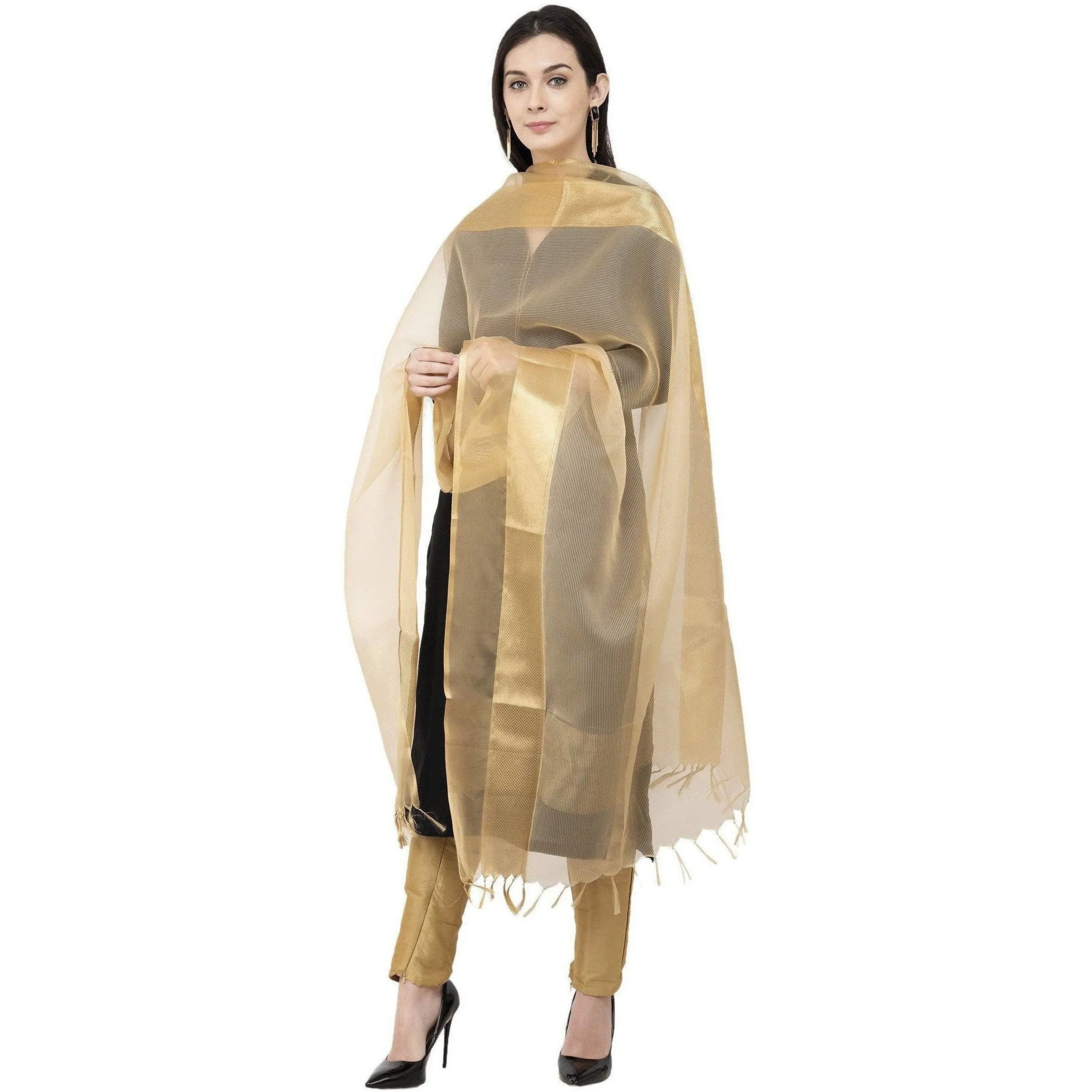 A R Silk VNS Tissue Zari Fancy Dupatta Golden Color Dupatta or Chunni