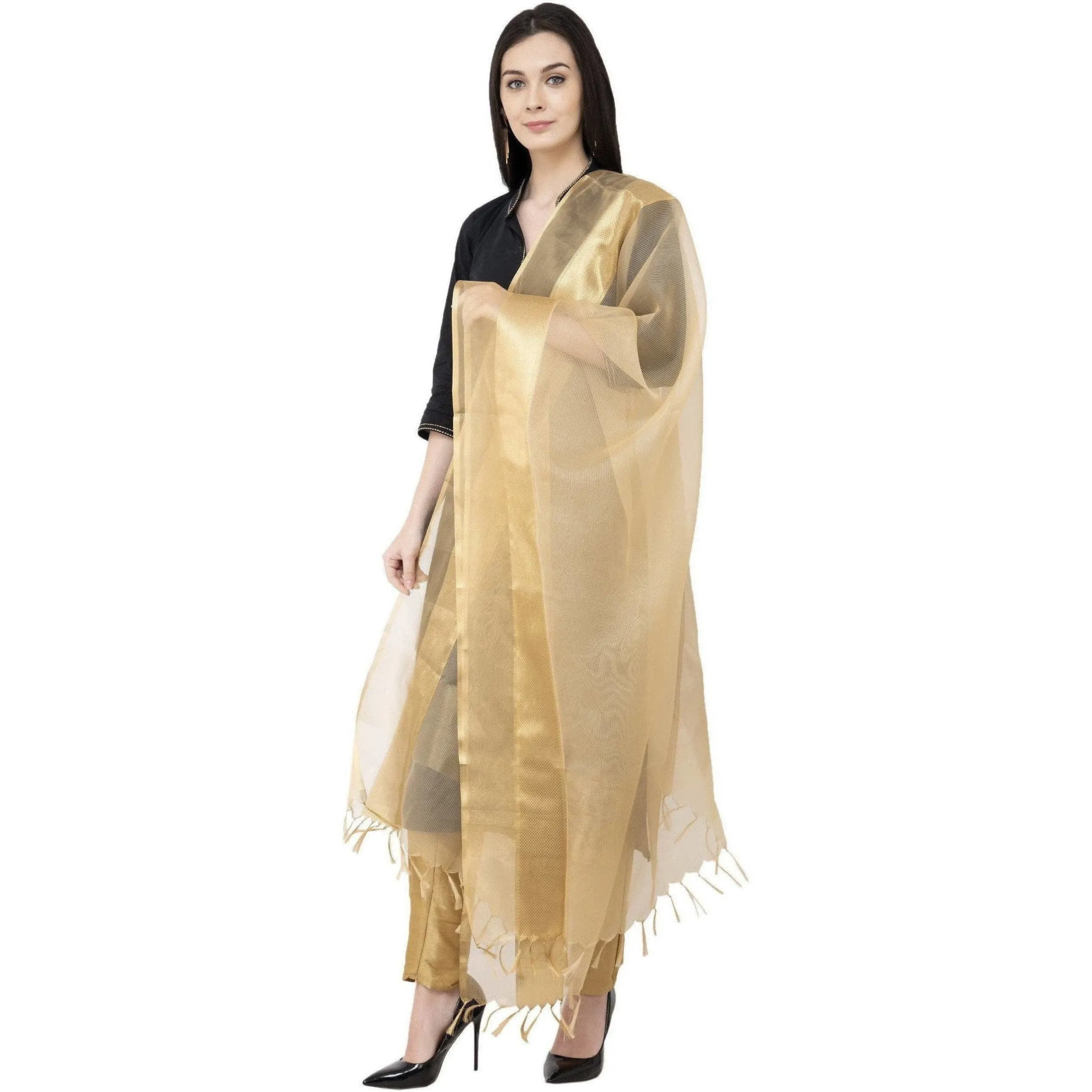 A R Silk VNS Tissue Zari Fancy Dupatta Golden Color Dupatta or Chunni