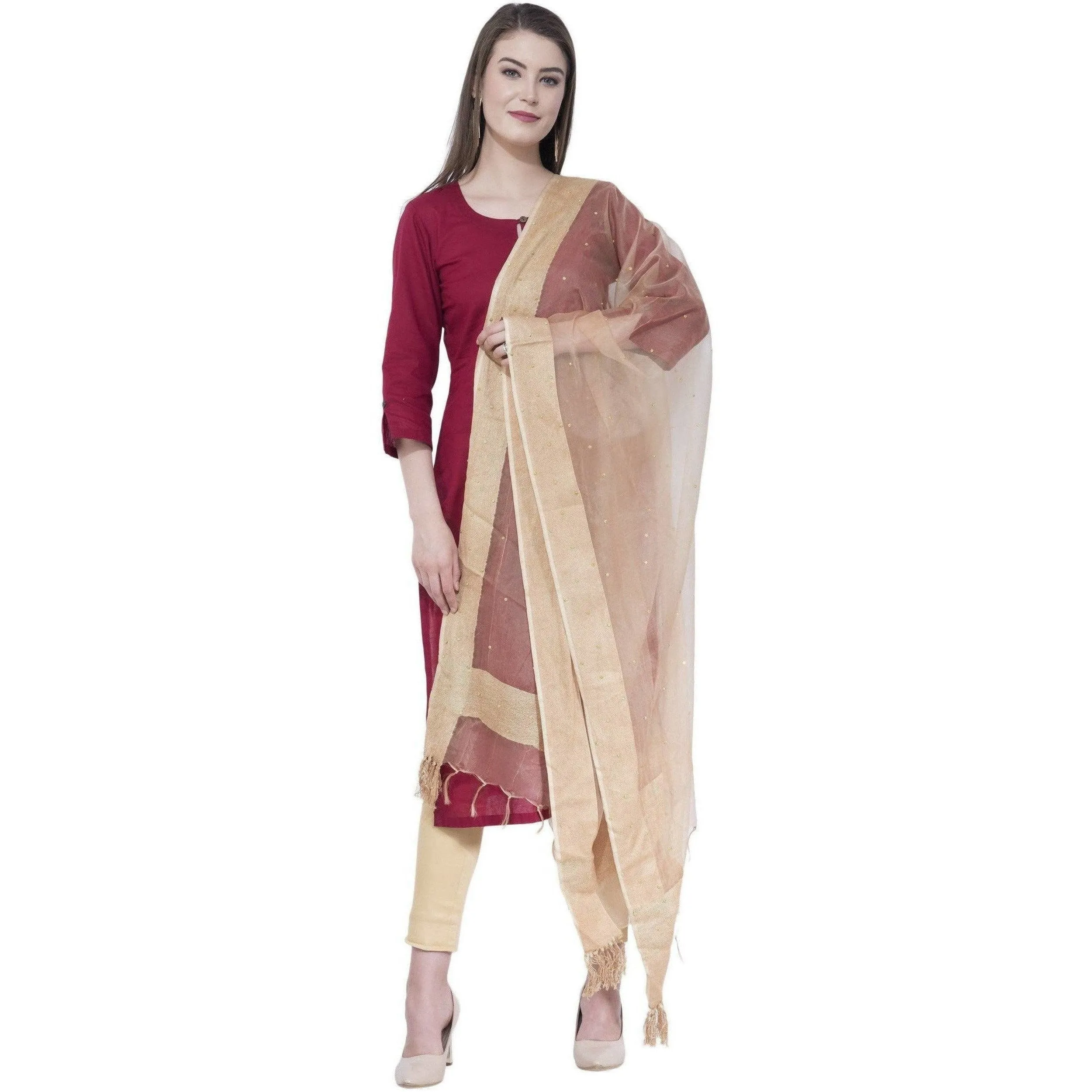 A R Silk Women's Stone Work Orgenza Cotton Golden Dupattas and Chunnis