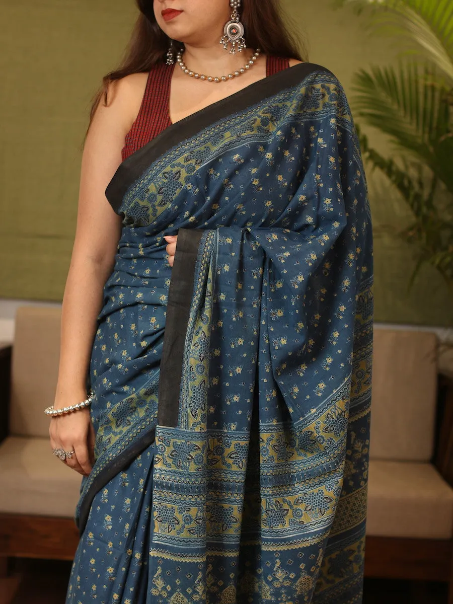 Ajrakh Handblock Printed Natural Dyed Mul Cotton Saree