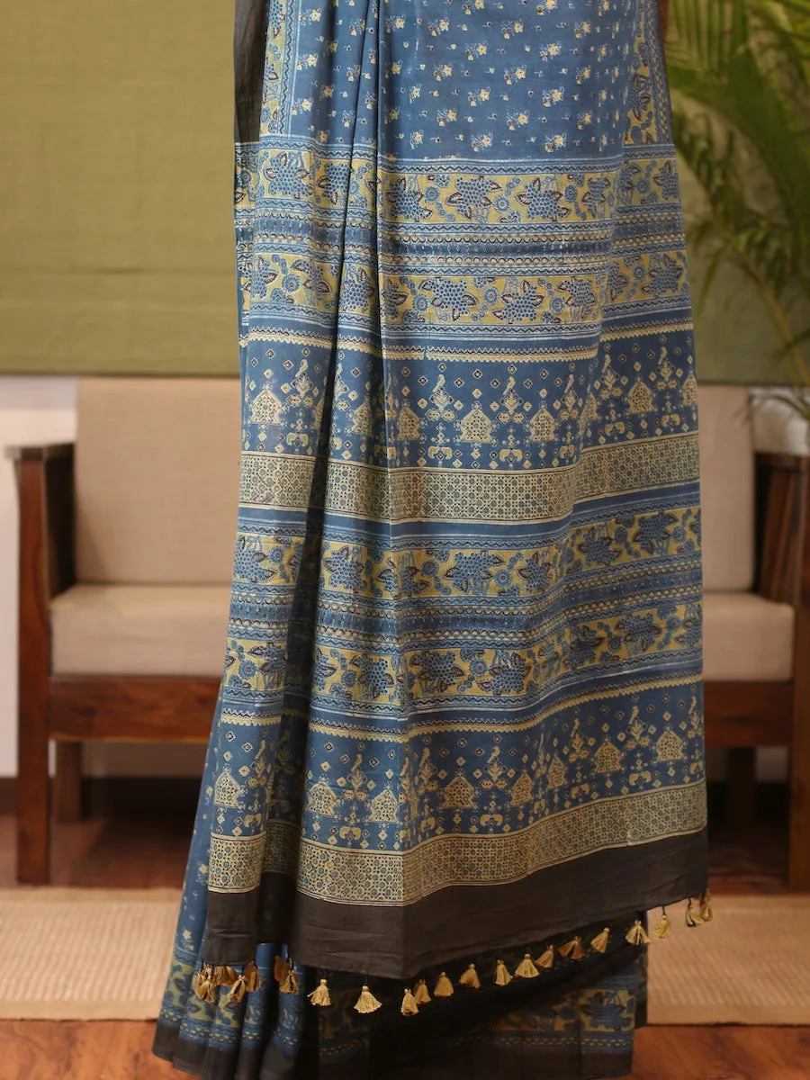 Ajrakh Handblock Printed Natural Dyed Mul Cotton Saree