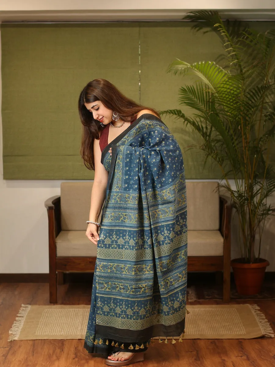 Ajrakh Handblock Printed Natural Dyed Mul Cotton Saree