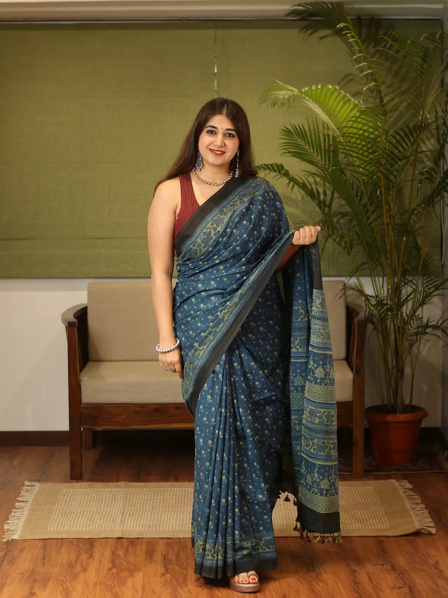 Ajrakh Handblock Printed Natural Dyed Mul Cotton Saree