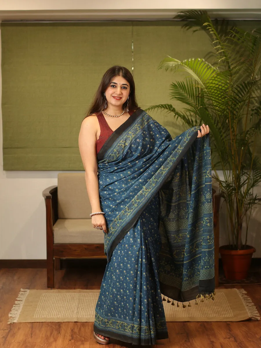 Ajrakh Handblock Printed Natural Dyed Mul Cotton Saree