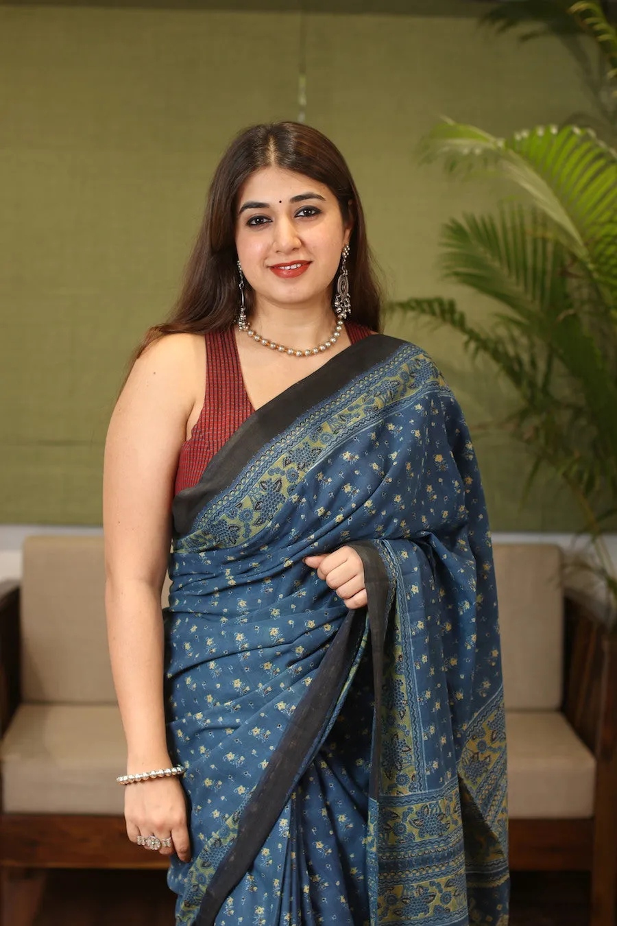 Ajrakh Handblock Printed Natural Dyed Mul Cotton Saree