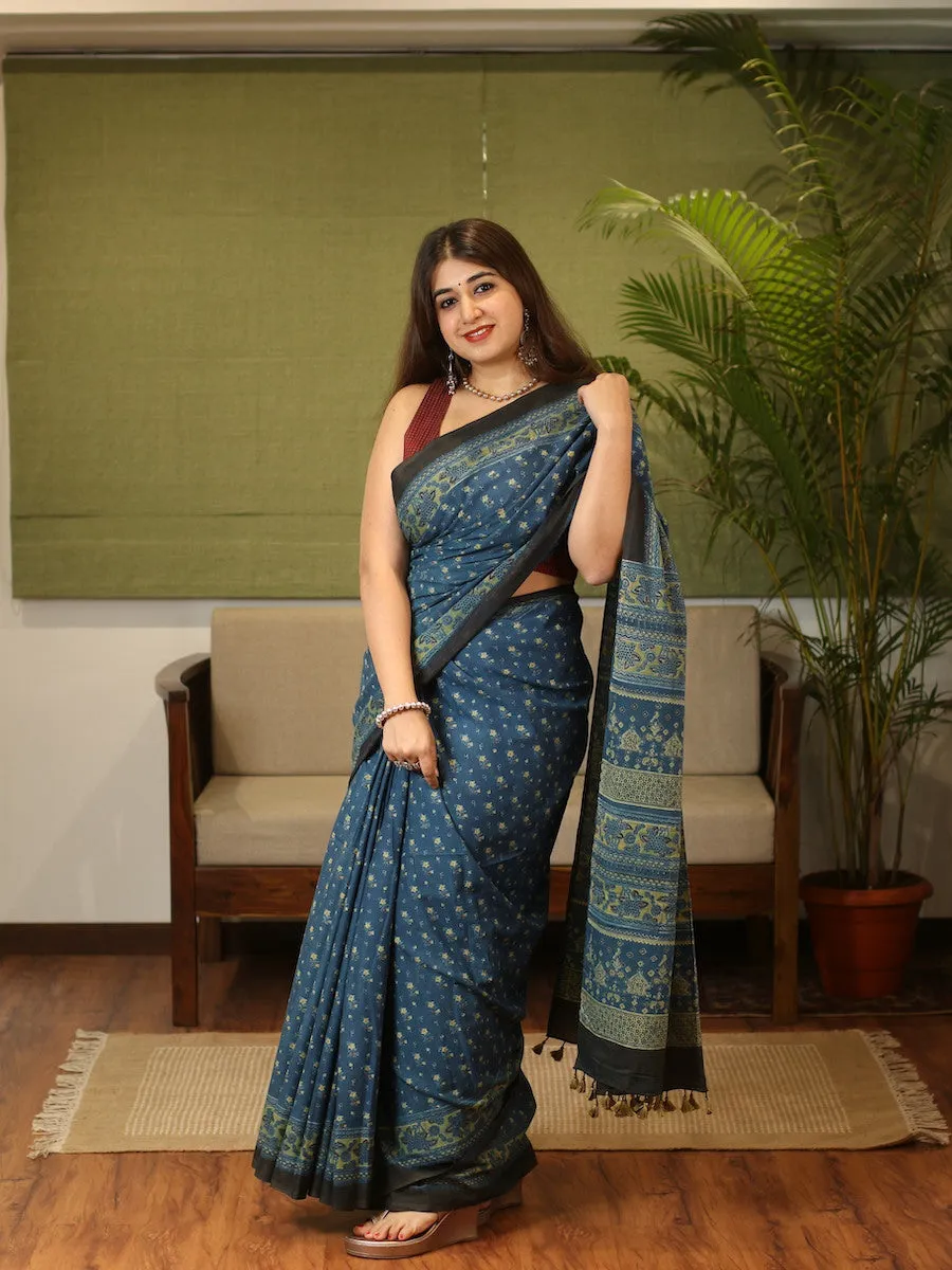 Ajrakh Handblock Printed Natural Dyed Mul Cotton Saree