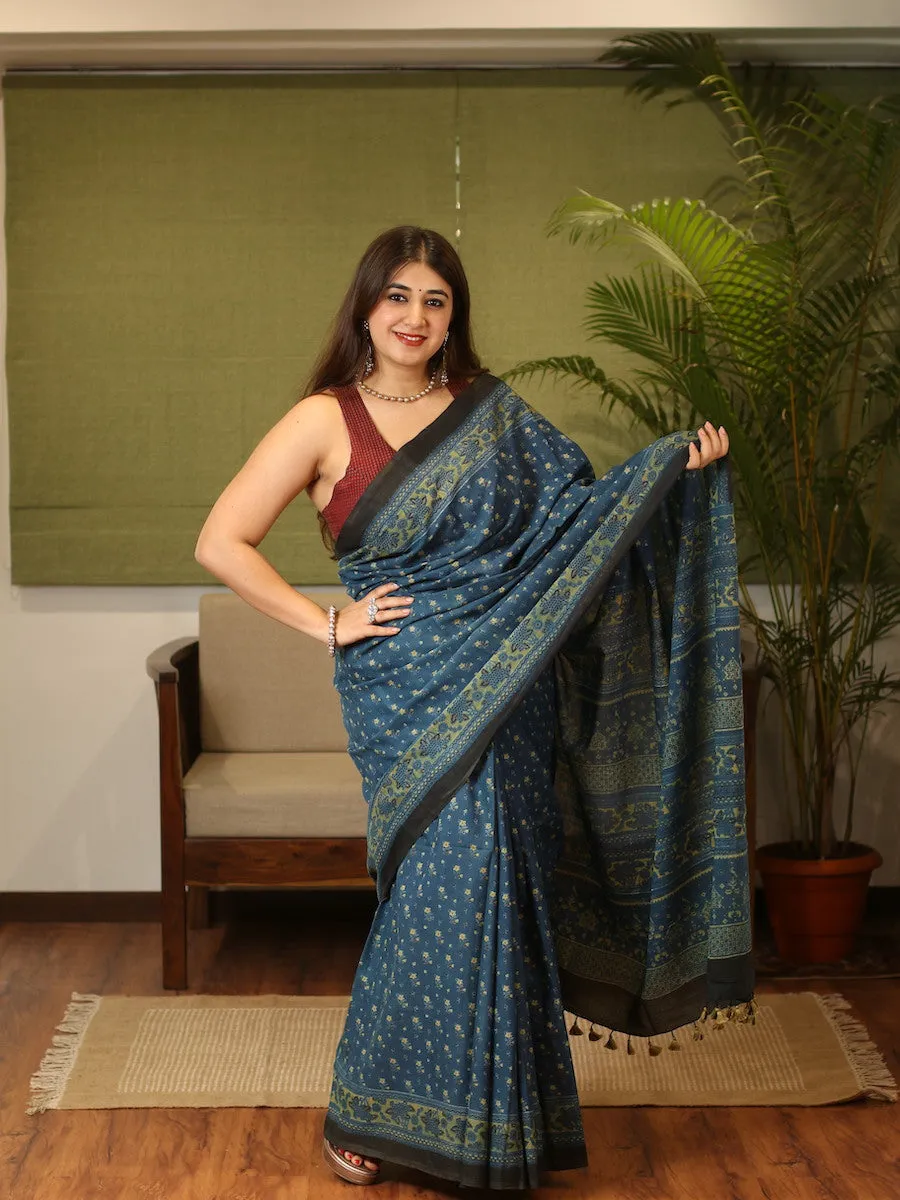 Ajrakh Handblock Printed Natural Dyed Mul Cotton Saree