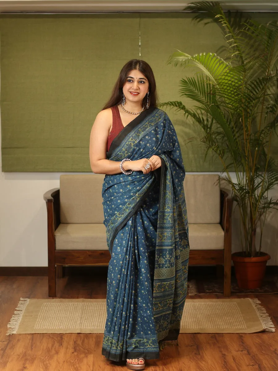 Ajrakh Handblock Printed Natural Dyed Mul Cotton Saree