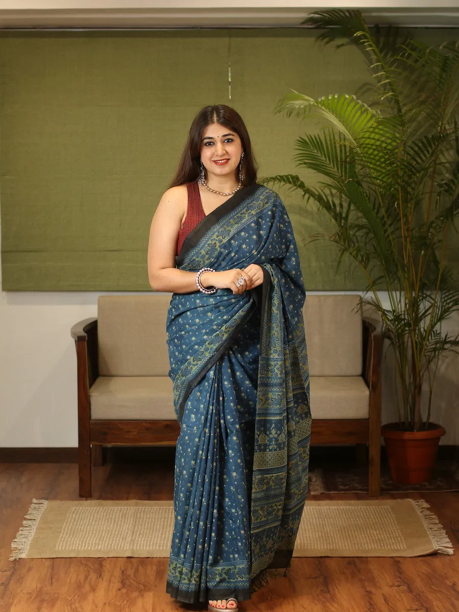 Ajrakh Handblock Printed Natural Dyed Mul Cotton Saree