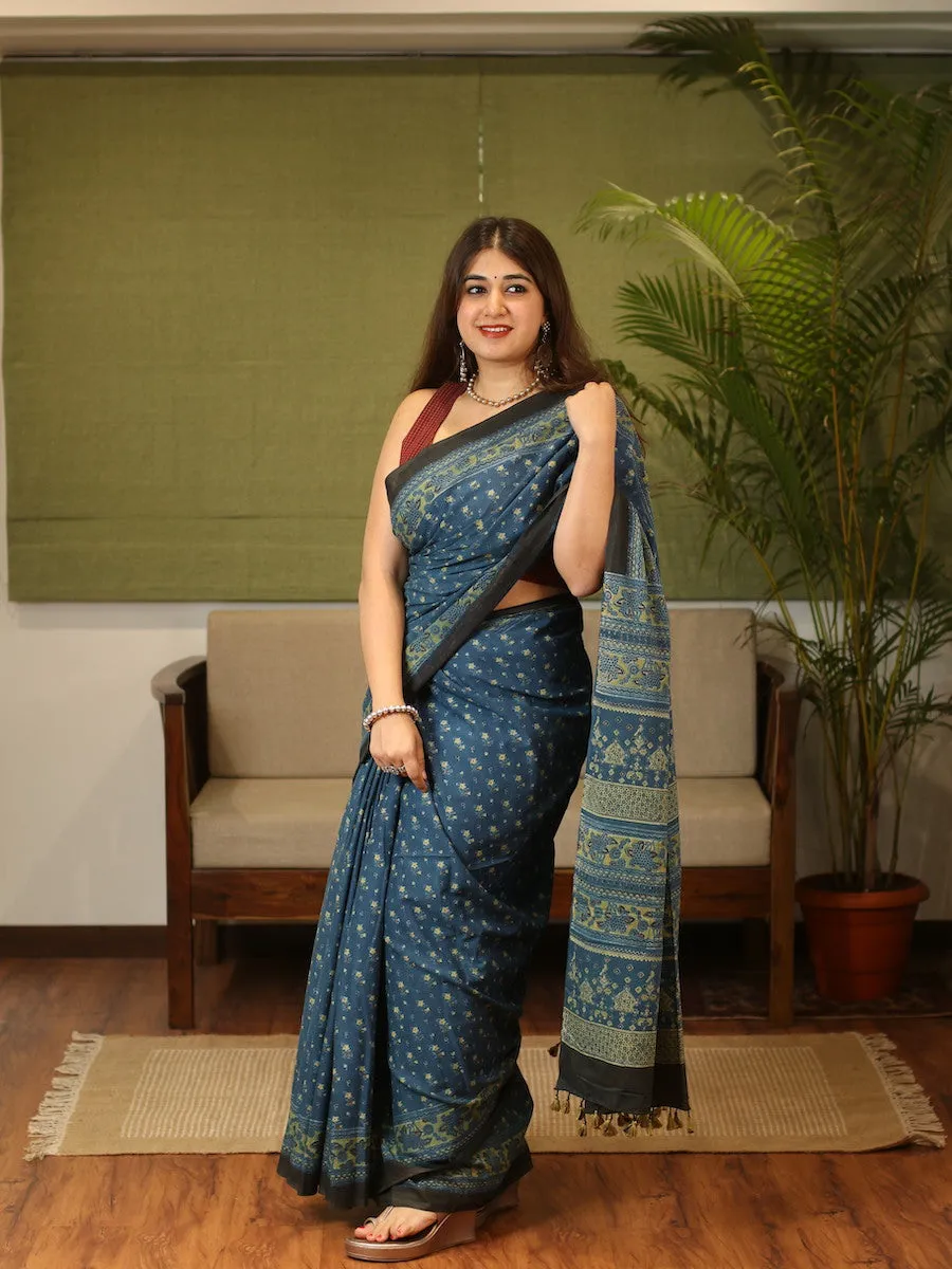 Ajrakh Handblock Printed Natural Dyed Mul Cotton Saree