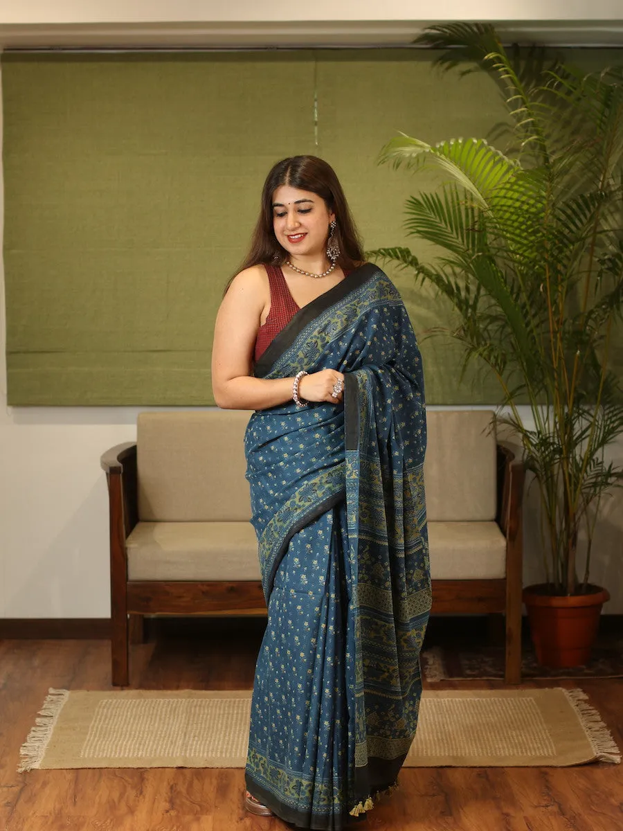 Ajrakh Handblock Printed Natural Dyed Mul Cotton Saree