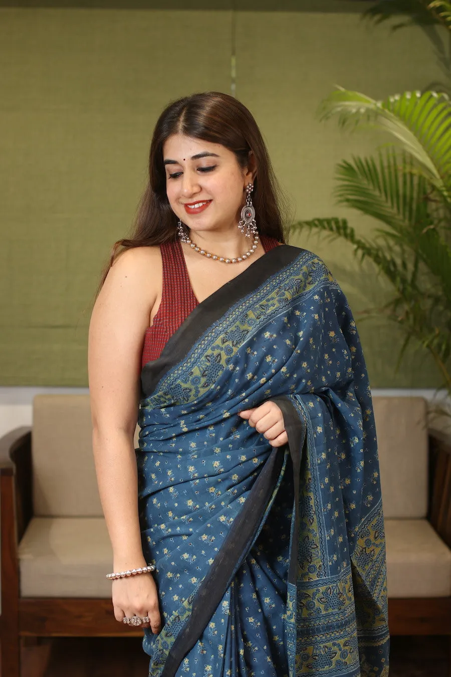 Ajrakh Handblock Printed Natural Dyed Mul Cotton Saree