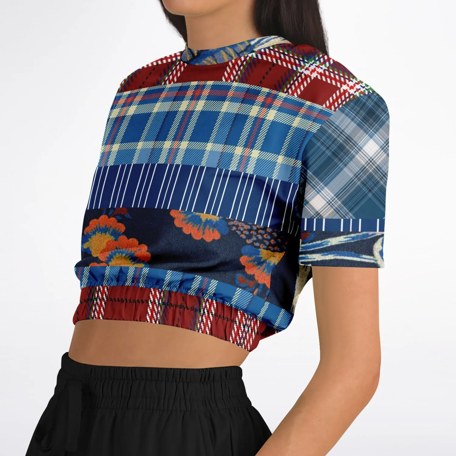 Andromeda Blue Plaid Short Sleeve Cropped Eco-Poly Sweater