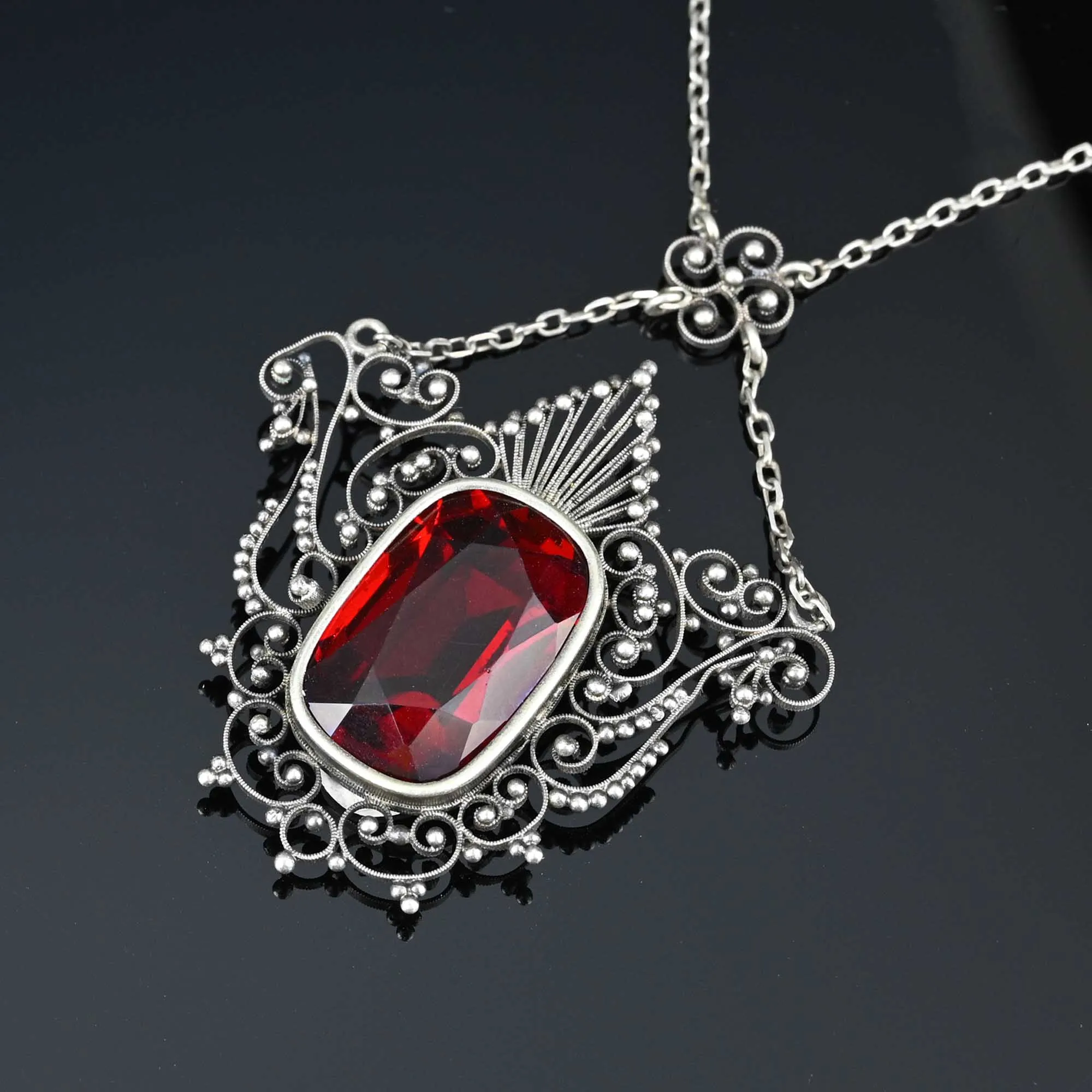 Antique Ruby Crystal Silver Filigree Necklace