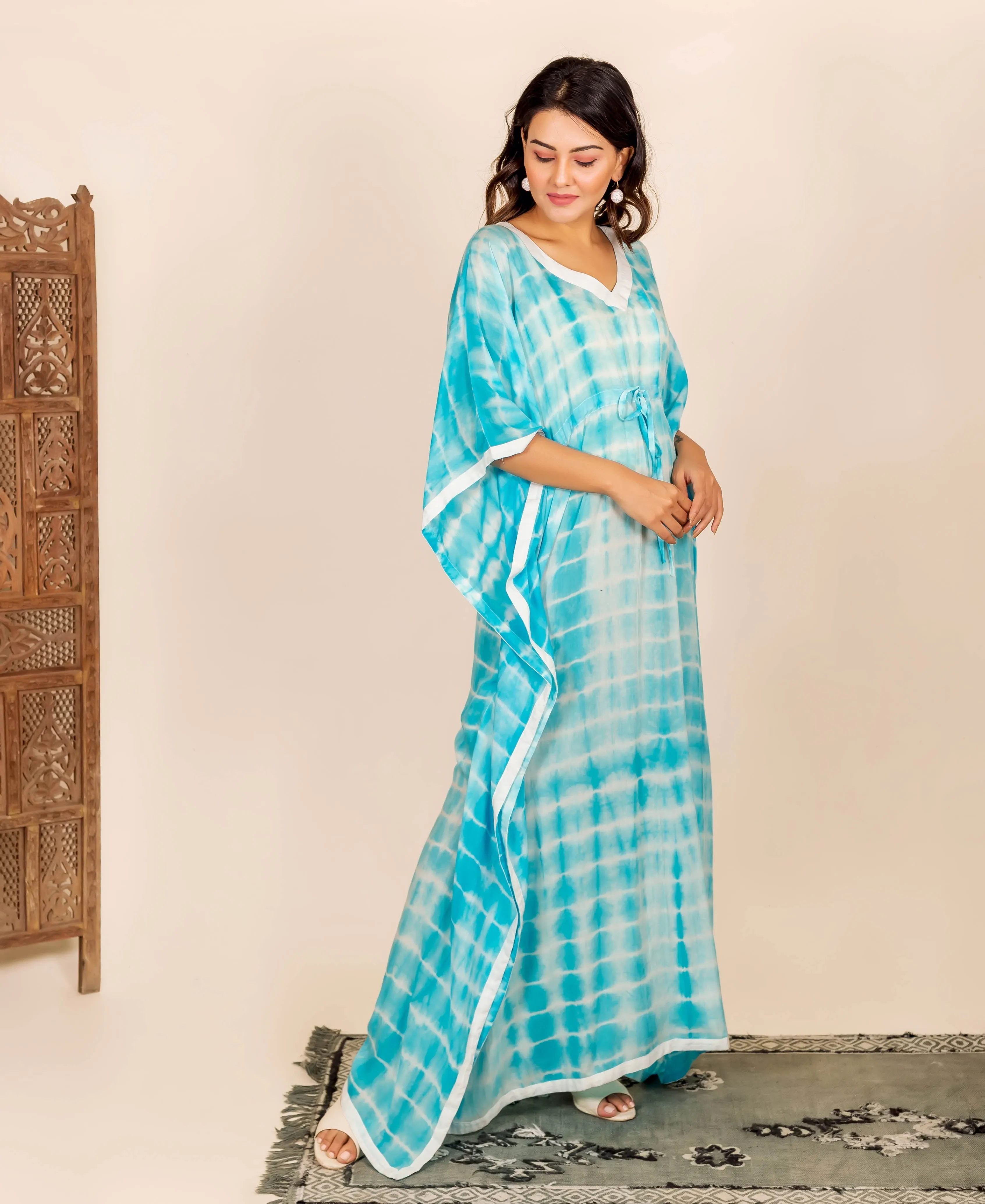 Aqua Tie and Dye Kaftan With Adjustable Waist Line