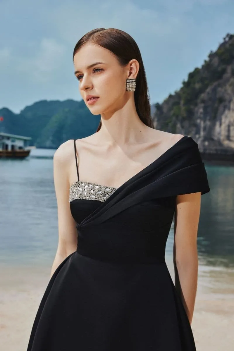 ASYMMETRIC CRYSTAL EMBROIDERED ONE SHOULDER MIDI DRESS