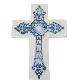 Avignon ceramic wall cross in Blue on White