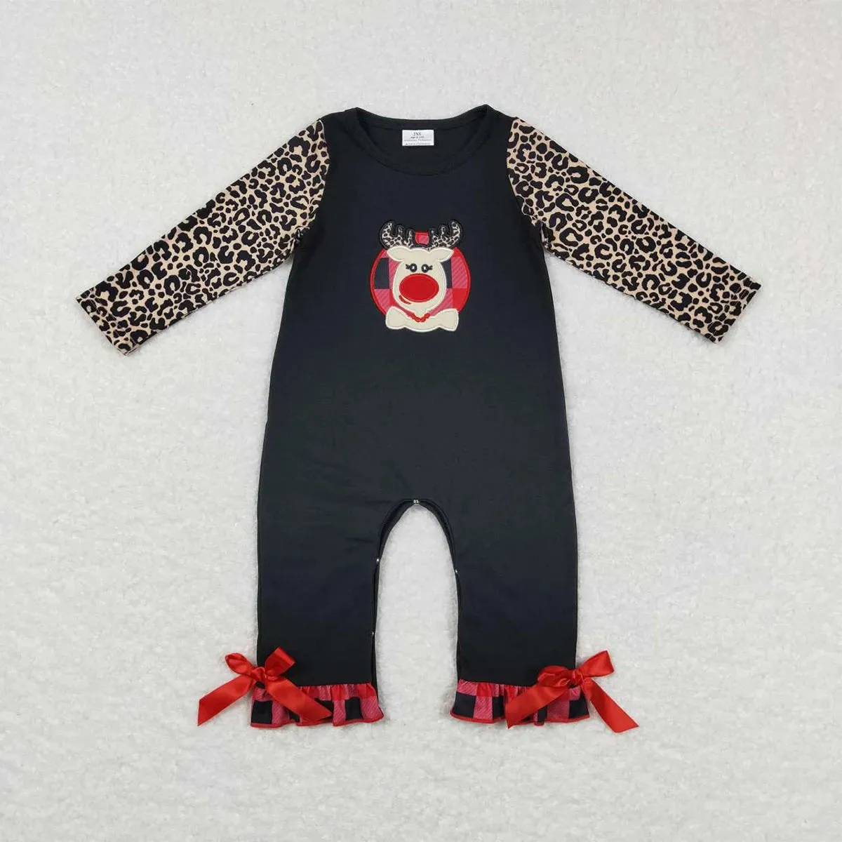 Baby Applique Romper - Christmas - Reindeer Leopard Bow Girls