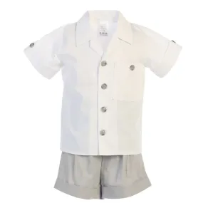 Baby Boys Light Gray Poly Cotton Shirt Rayon Linen Shorts Set 3-24M