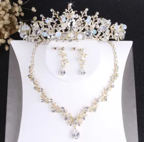 Baroque Crystal and Vintage Gold Tiara, Necklace & Earrings Wedding Jewelry Set