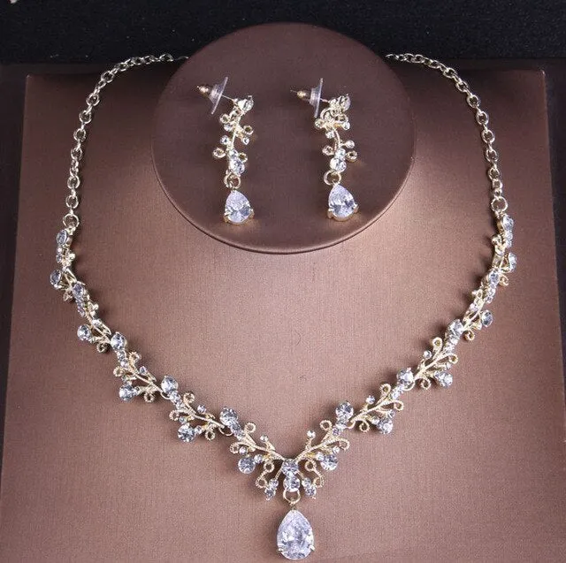 Baroque Crystal and Vintage Gold Tiara, Necklace & Earrings Wedding Jewelry Set