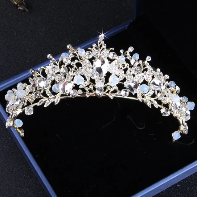 Baroque Crystal and Vintage Gold Tiara, Necklace & Earrings Wedding Jewelry Set