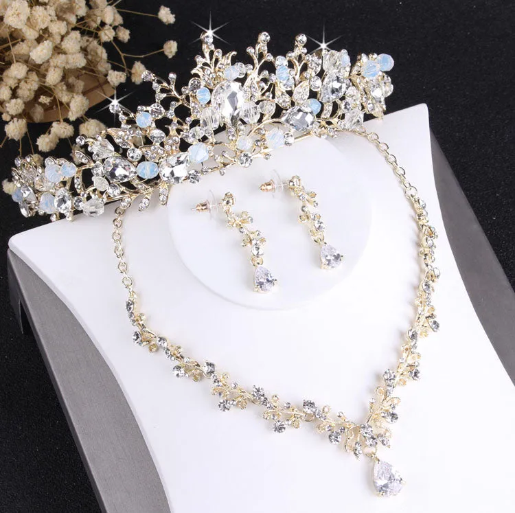 Baroque Crystal and Vintage Gold Tiara, Necklace & Earrings Wedding Jewelry Set